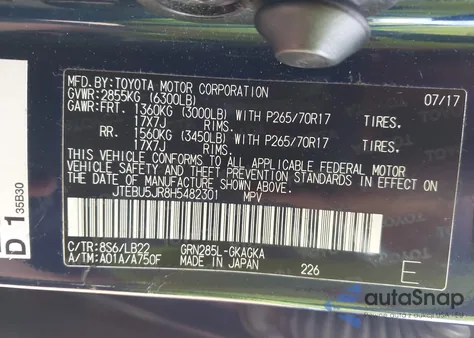 2017 Toyota 4Runner Sr5 Premium from USA, damaged, VIN JTEBU5JR8H5482301